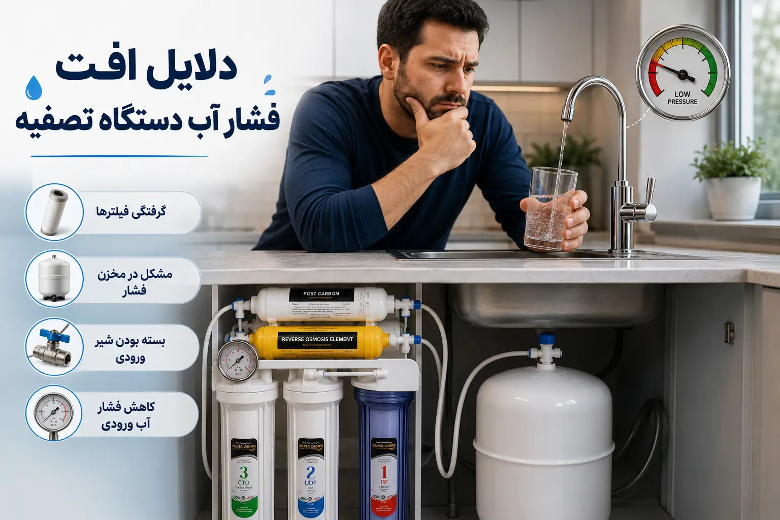 علت کم شدن فشار آب دستگاه تصفیه آب خانگی و بررسی فیلترها و مخزن